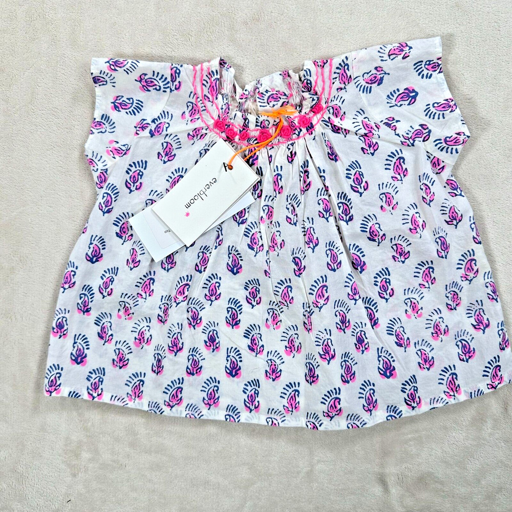 Everbloom 3 Months Birdie Tee Top Pink/Blue Embroidered Cap Sleeve New